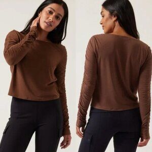 Athleta All Around Ruched Sleeve Crop Top Mahogany Brown Mocha Boat Neck Large
